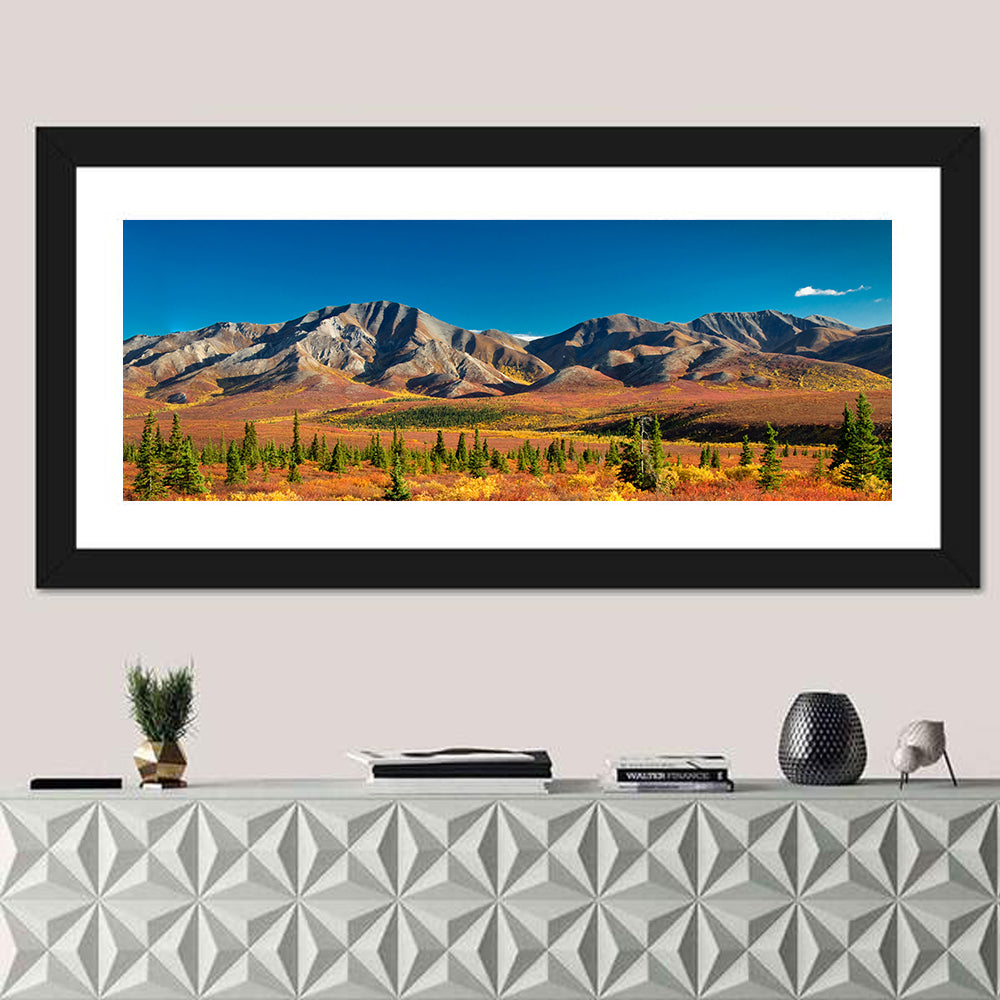 Denali Autumn Peaks Wall Art in a room, panoramic