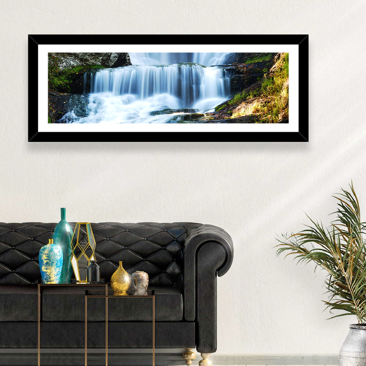 White Waterfall Over Mossy Rocks Wall Art in a room, panoramic