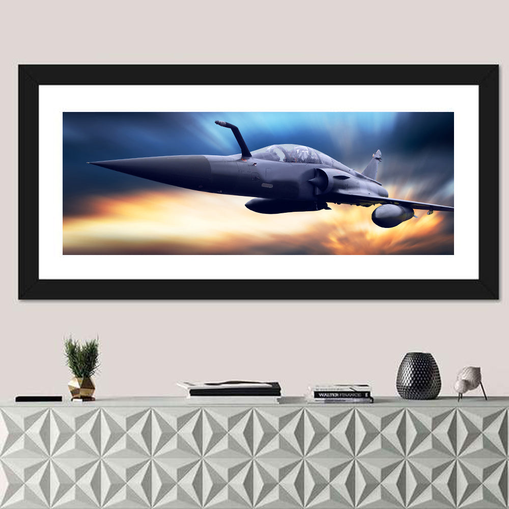 High-speed Fighter Jet Wall Art in a room, panoramic