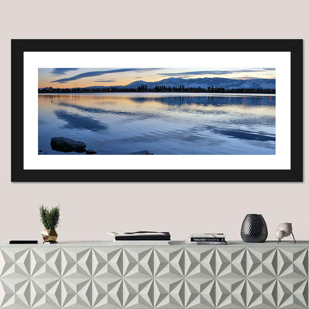 Sparks Marina Twilight Reflection Wall Art in a room, panoramic