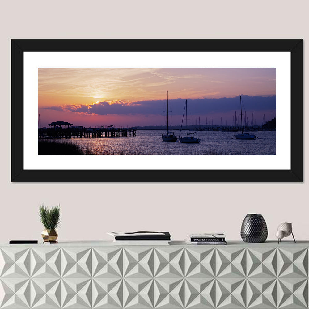 South Carolina Coastal Harbor Wall Art in a room, panoramic