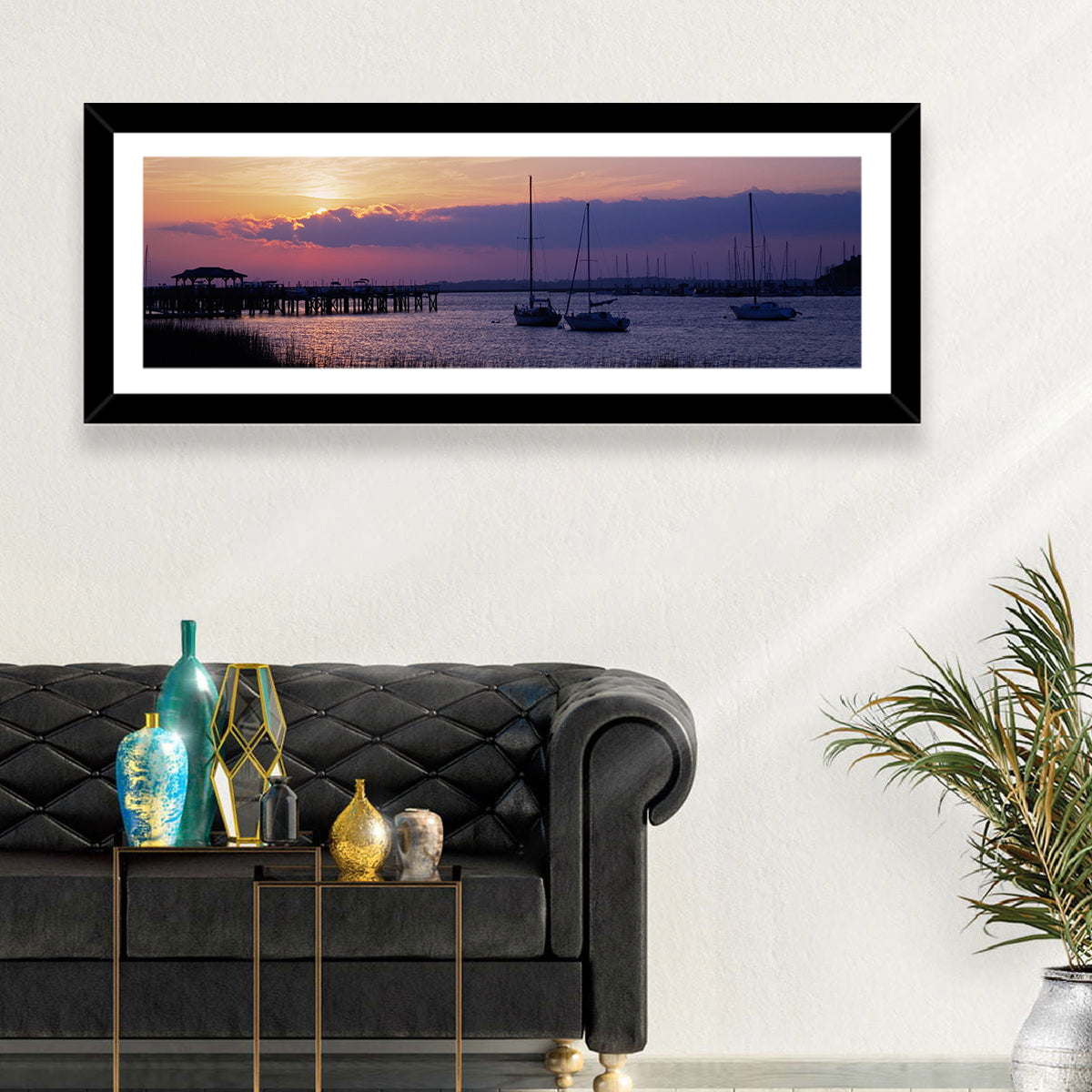 South Carolina Coastal Harbor Wall Art in a room, panoramic
