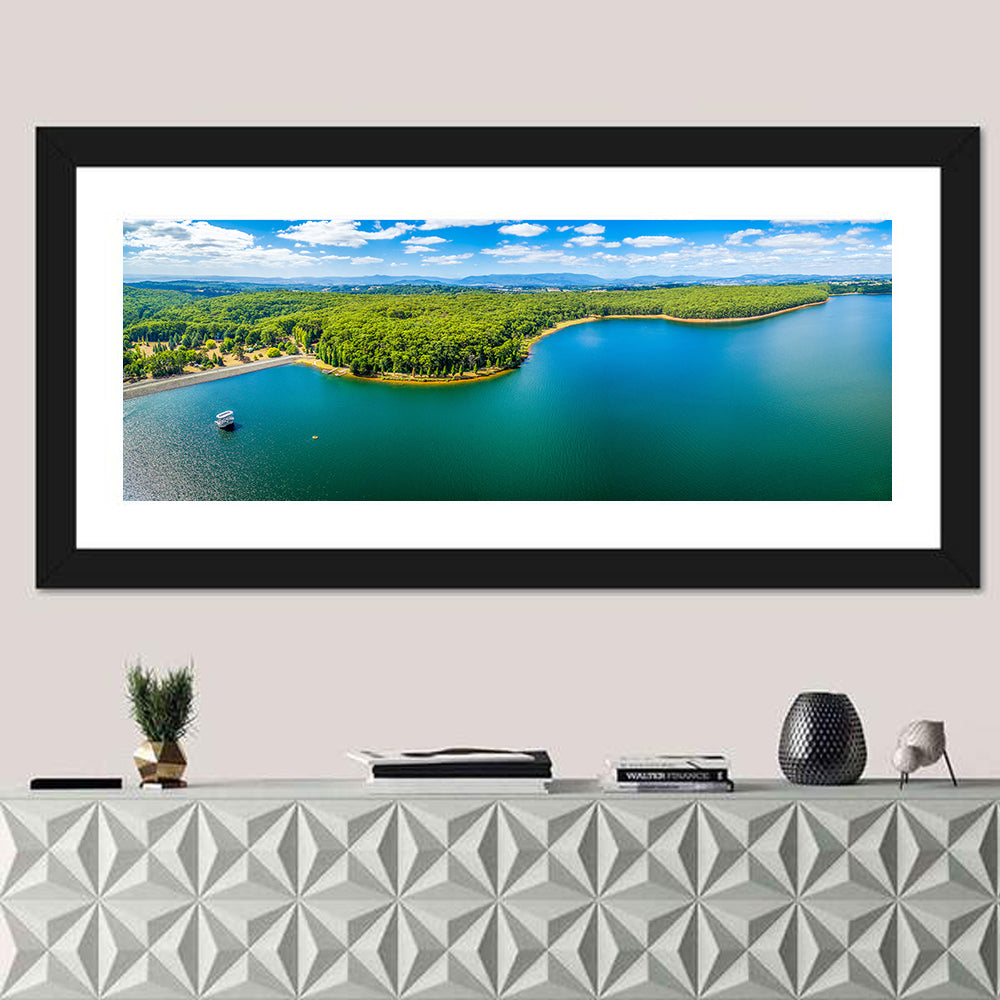 Silvan Reservoir Shoreline Wall Art in a room, panoramic