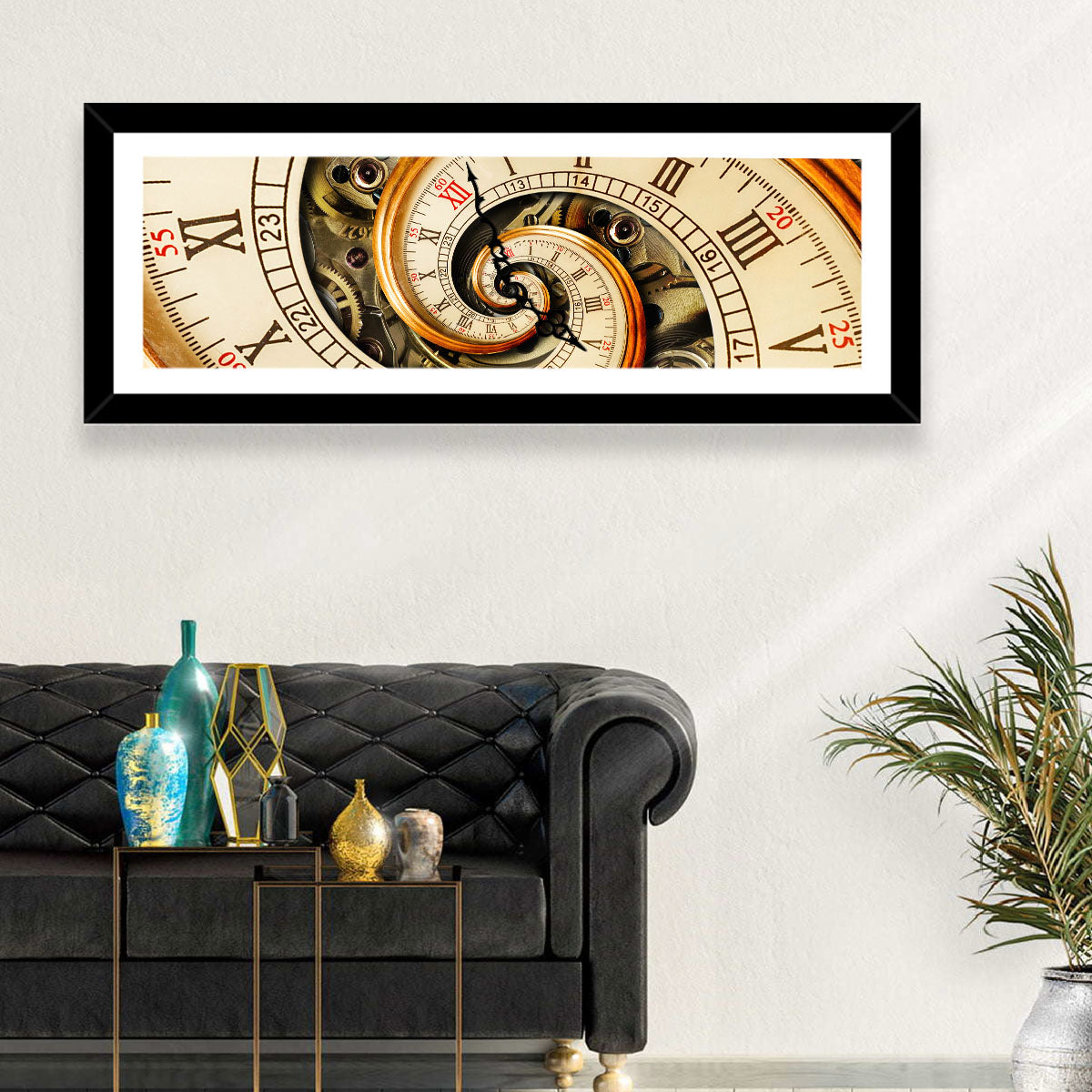 Steampunk Spiral Clock Wall Art in a room, panoramic