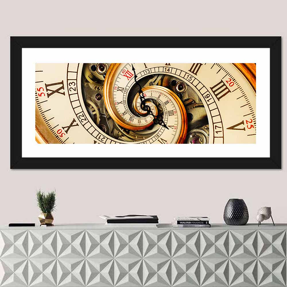 Steampunk Spiral Clock Wall Art in a room, panoramic