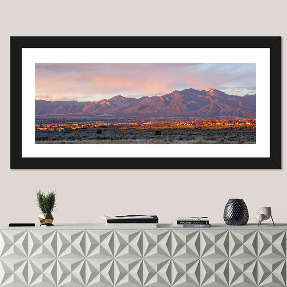 Taos Valley Sunset Wall Art in a room, panoramic