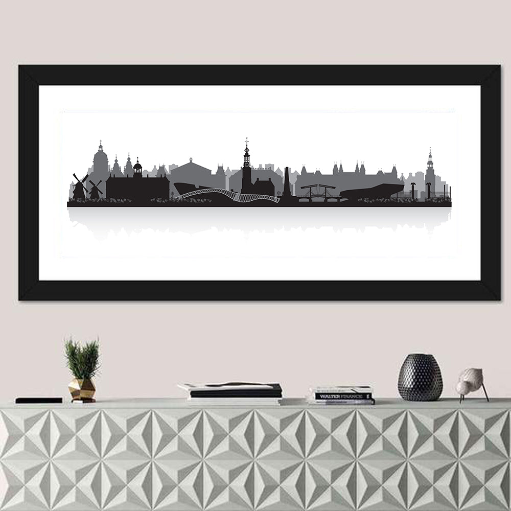Amsterdam Skyline Silhouette Wall Art in a room, panoramic