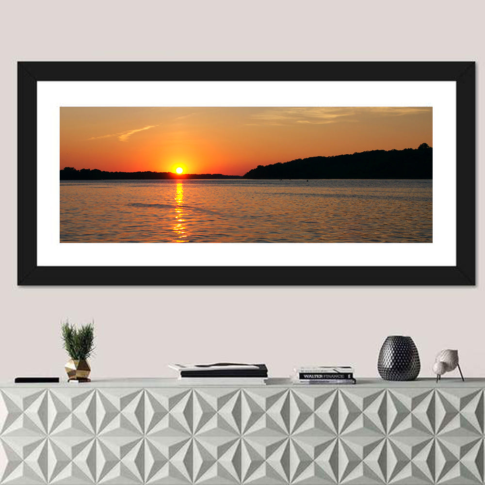 Mississippi River Sunset Wall Art in a room, panoramic