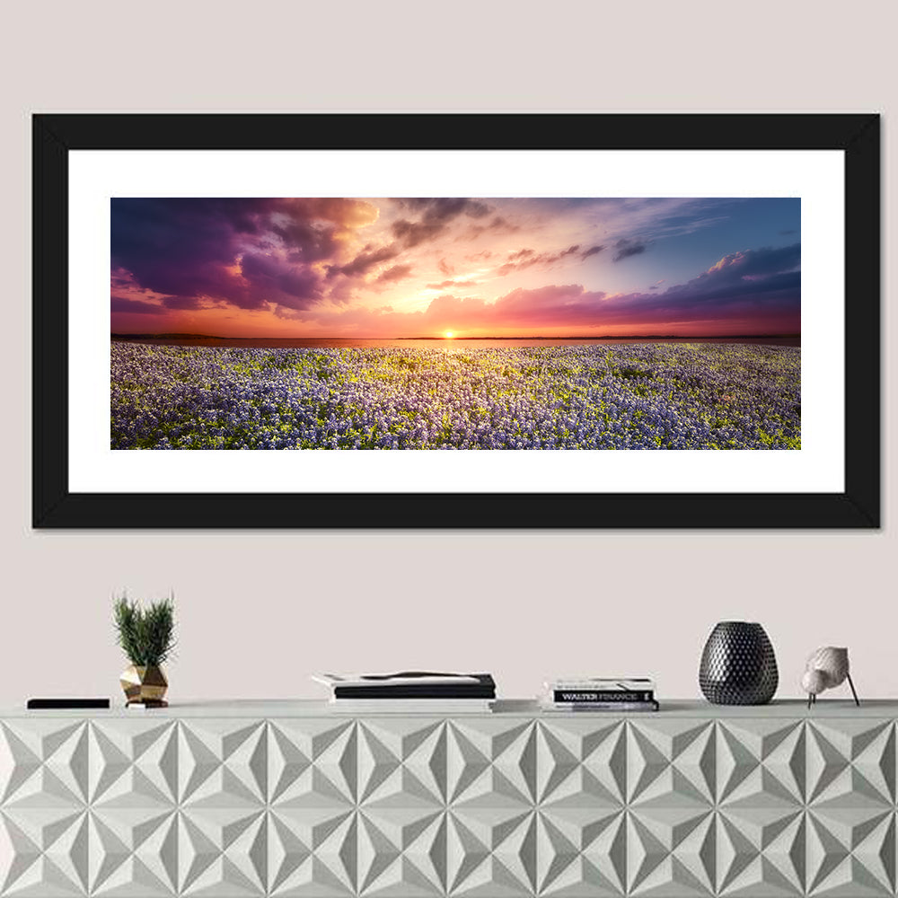 Texas Bluebonnet Sunset Wall Art in a room, panoramic