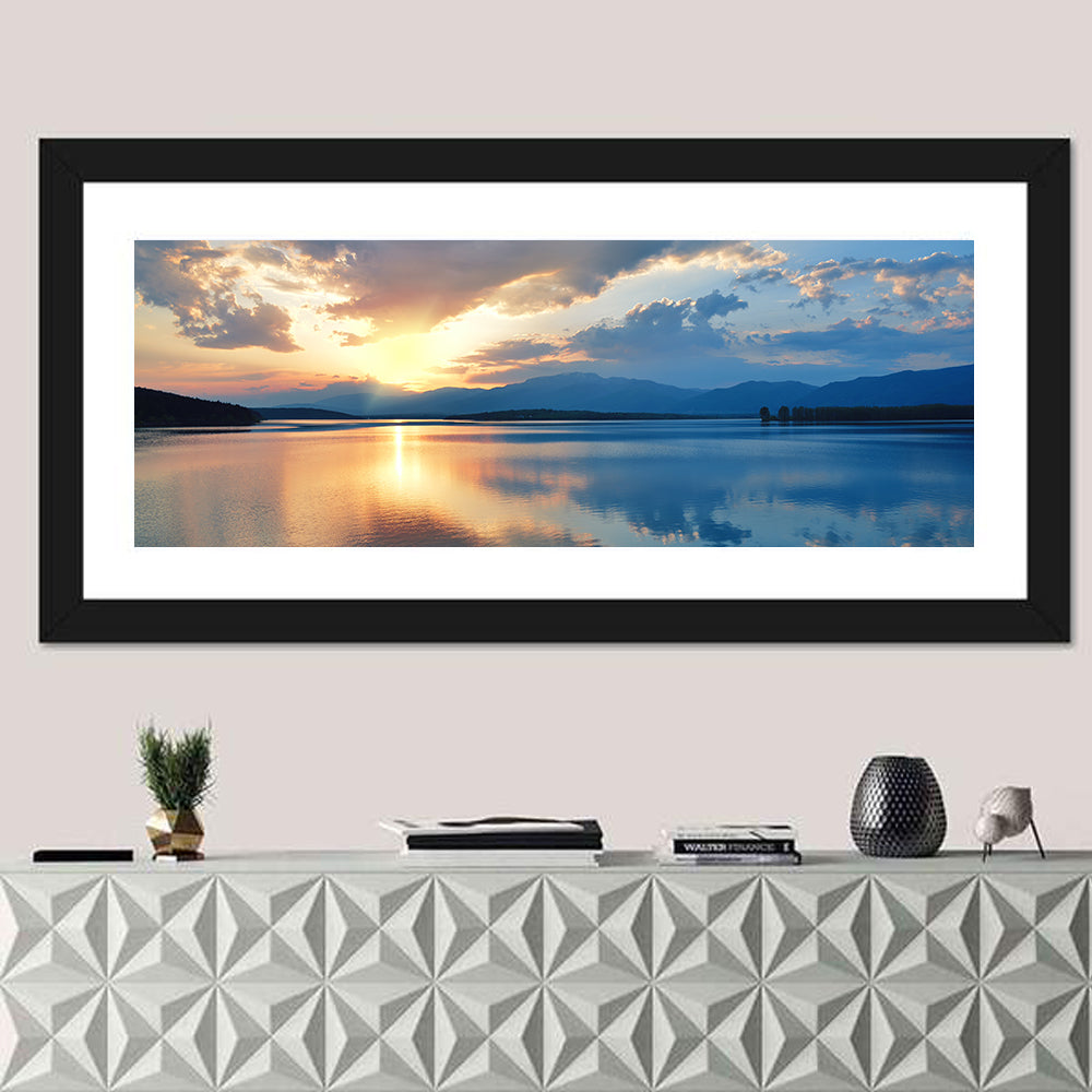 Golden Hour Lake Reflection Wall Art in a room, panoramic