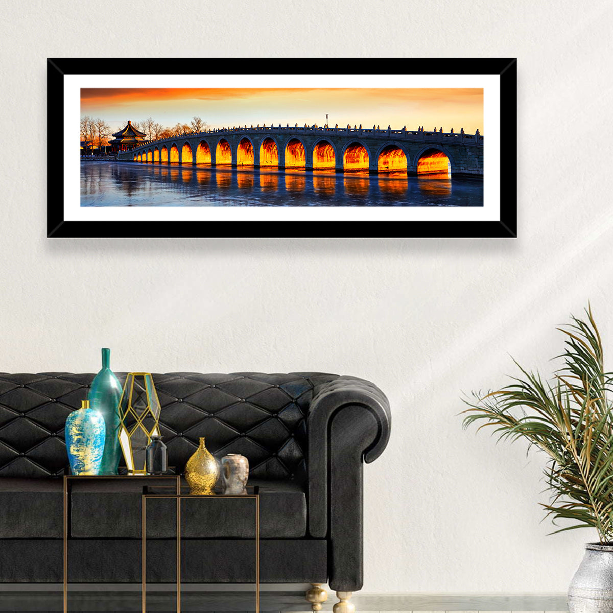 Seventeen-arch Bridge at Golden Hour Wall Art in a room, panoramic