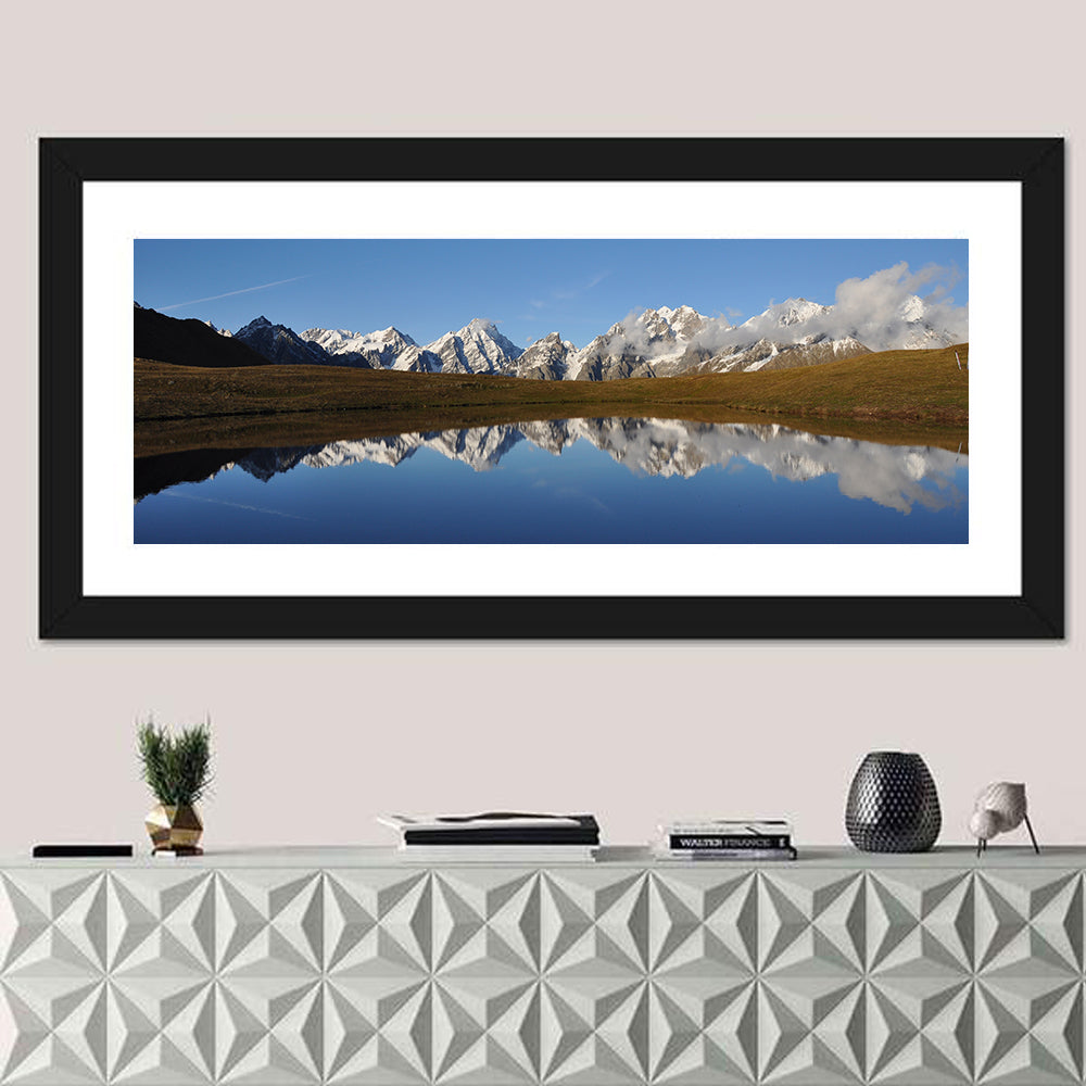 Svaneti Lake Reflection Wall Art in a room, panoramic