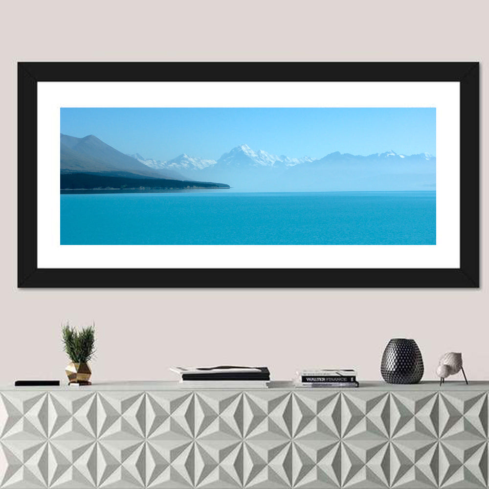 Turquoise Lake Pukaki View of Mount Cook Wall Art in a room, panoramic
