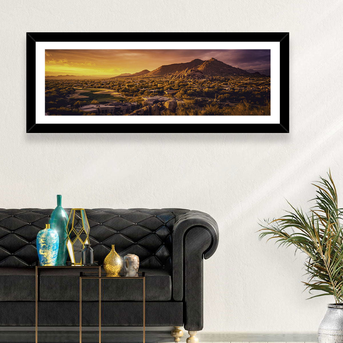 Scottsdale Desert Sunset Wall Art in a room, panoramic