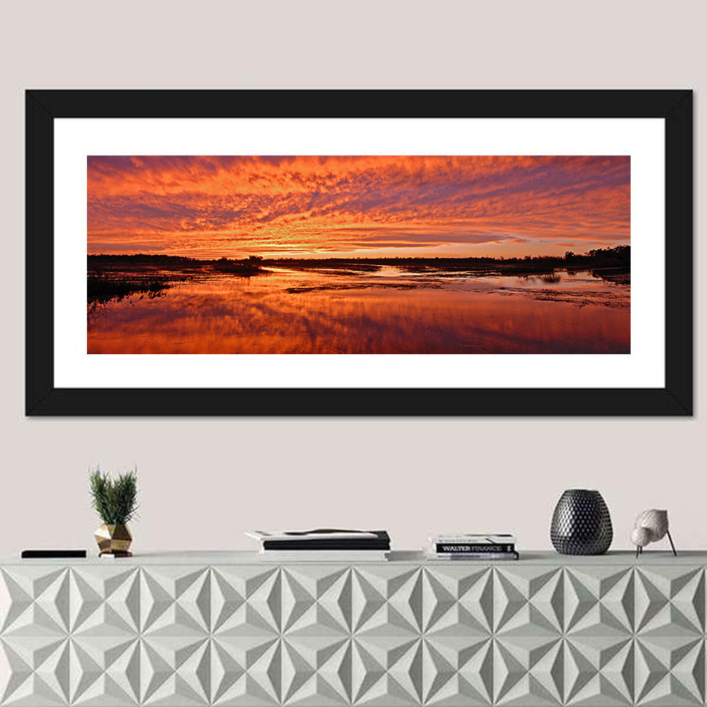 Louisiana Wetland Sunset Wall Art in a room, panoramic
