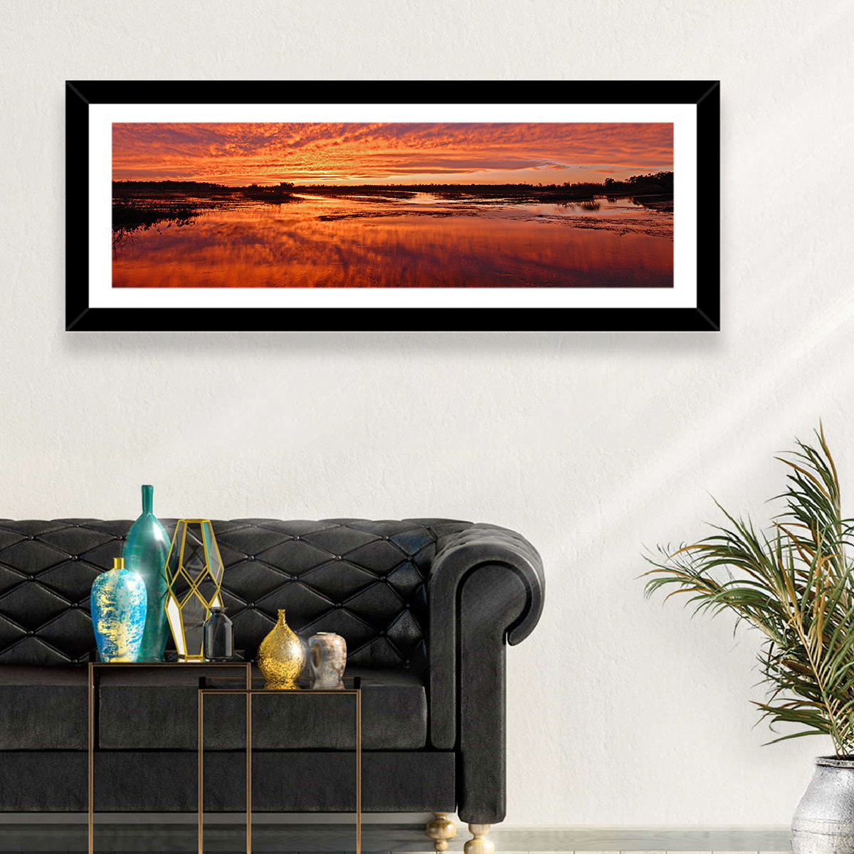 Louisiana Wetland Sunset Wall Art in a room, panoramic