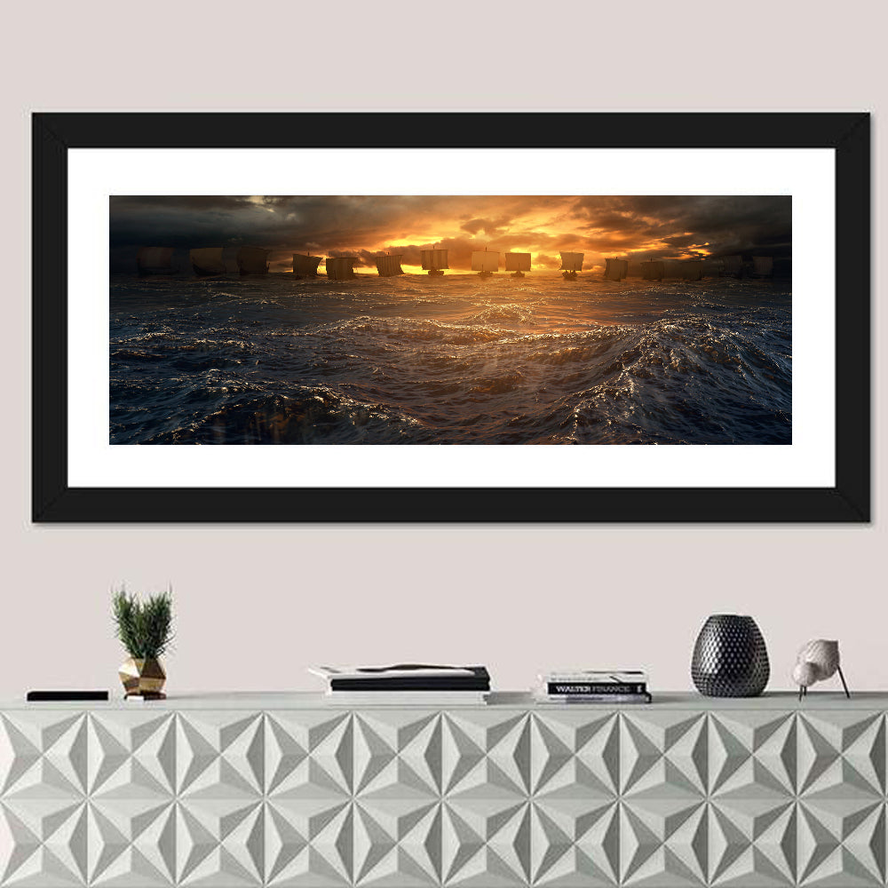 Viking Longships at Sunset Wall Art in a room, panoramic