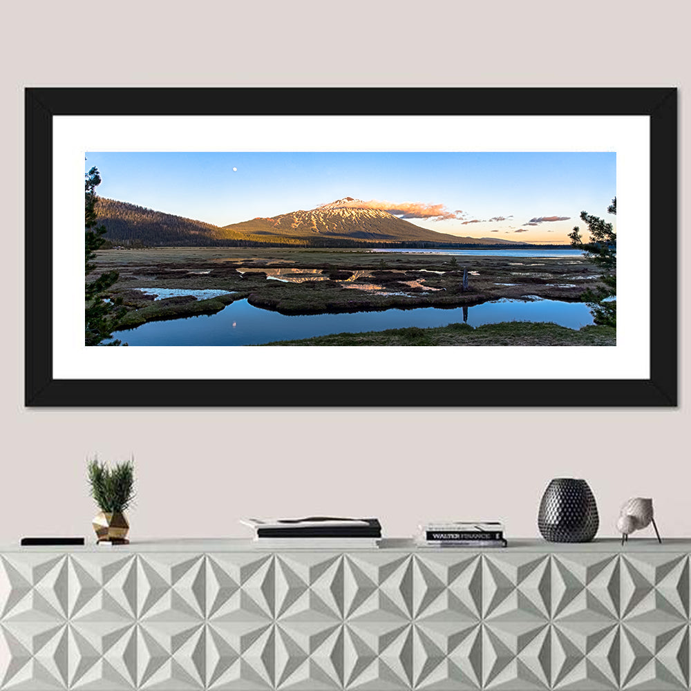 Mount Bachelor Moonlit Sunset Wall Art in a room, panoramic
