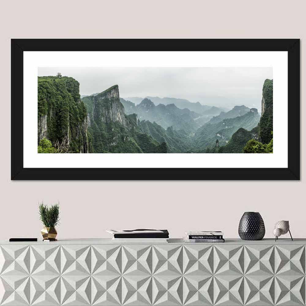Misty Tianmen Mountain Valley Wall Art in a room, panoramic