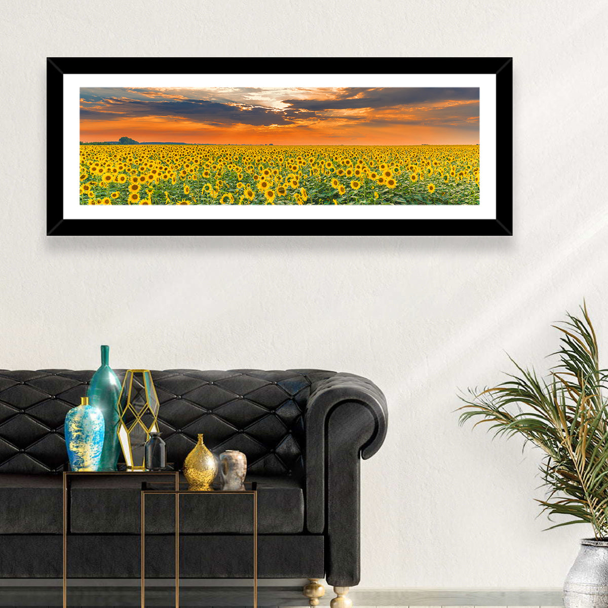 Golden Hour Sunflower Field Wall Art in a room, panoramic
