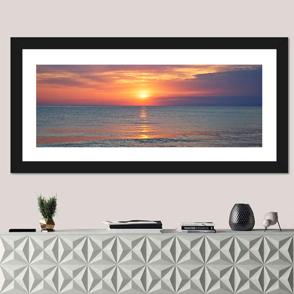 Lake Michigan Sunset Reflection Wall Art in a room, panoramic