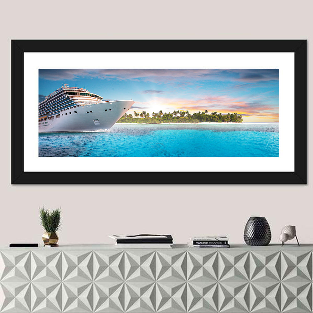 Cruise Ship at Tropical Sunset Wall Art in a room, panoramic