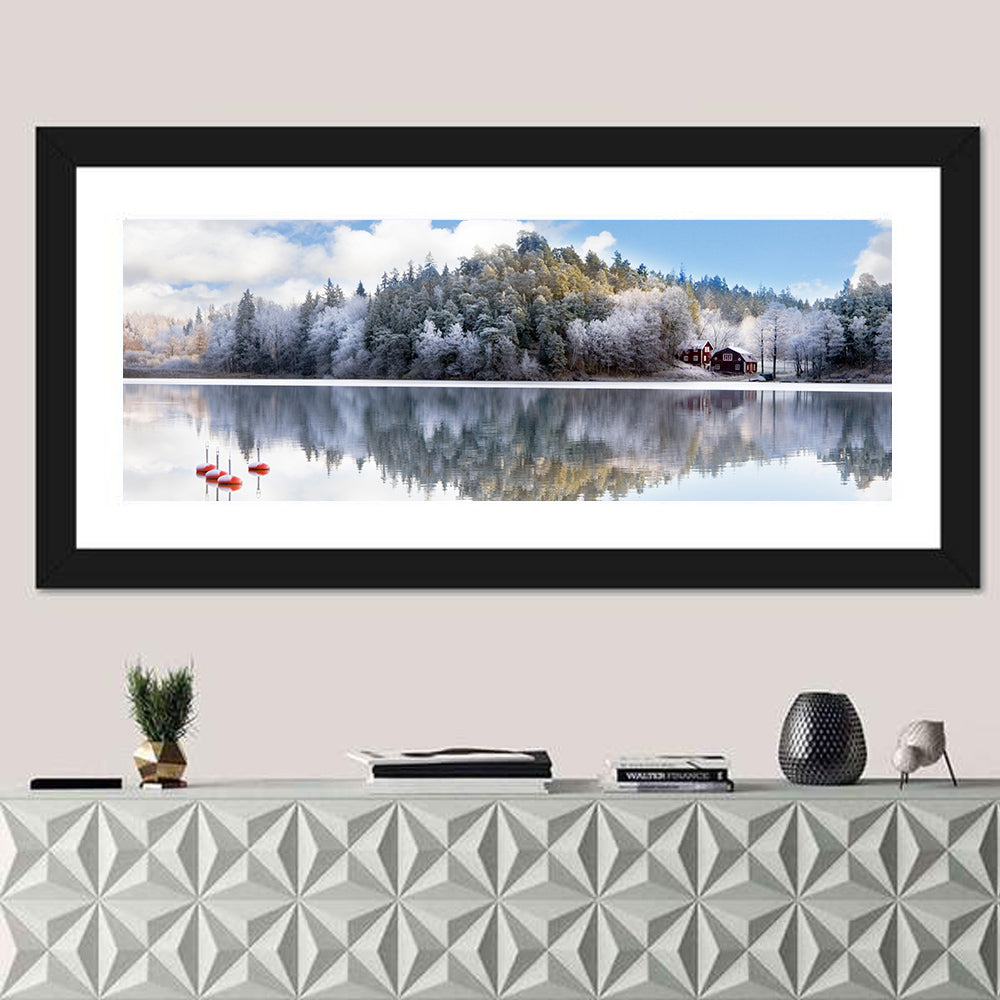 Red Cottages on Winter Lake Wall Art in a room, panoramic