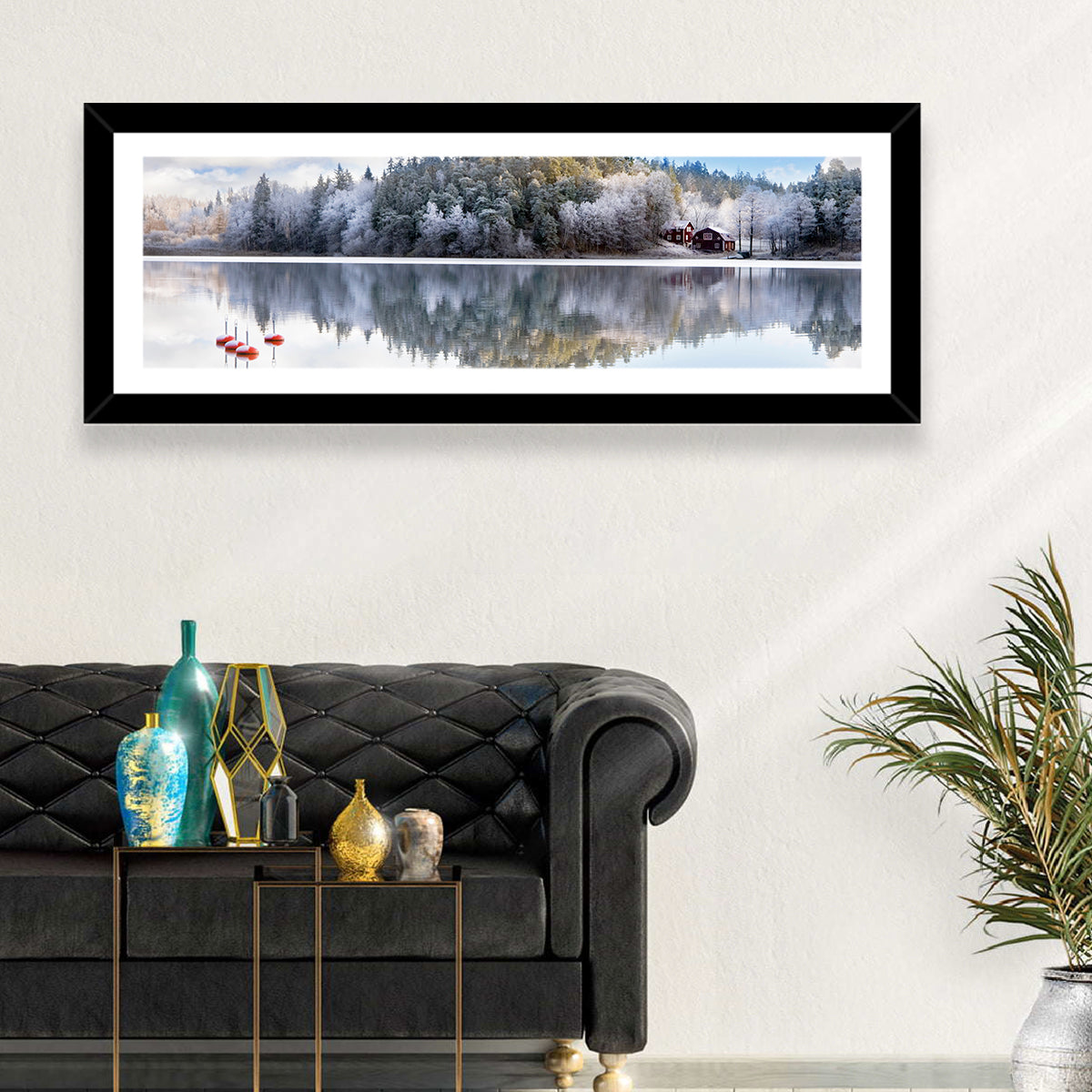 Red Cottages on Winter Lake Wall Art in a room, panoramic