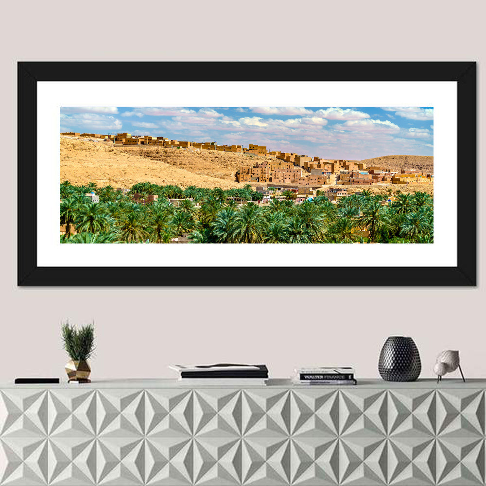 Ksar Bounoura Oasis Town Vista Wall Art in a room, panoramic