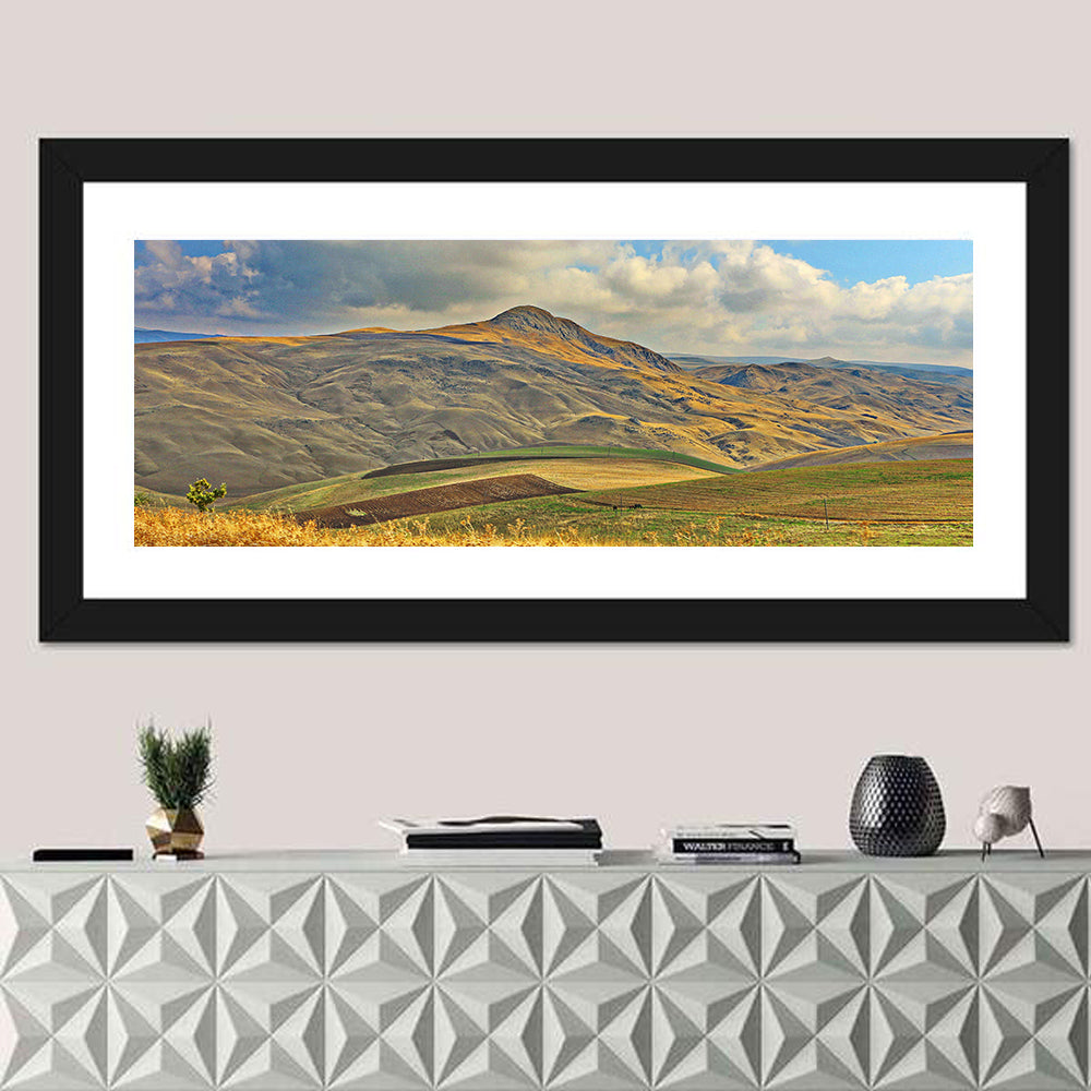 Shamakhi Valley Harvest Fields Wall Art in a room, panoramic