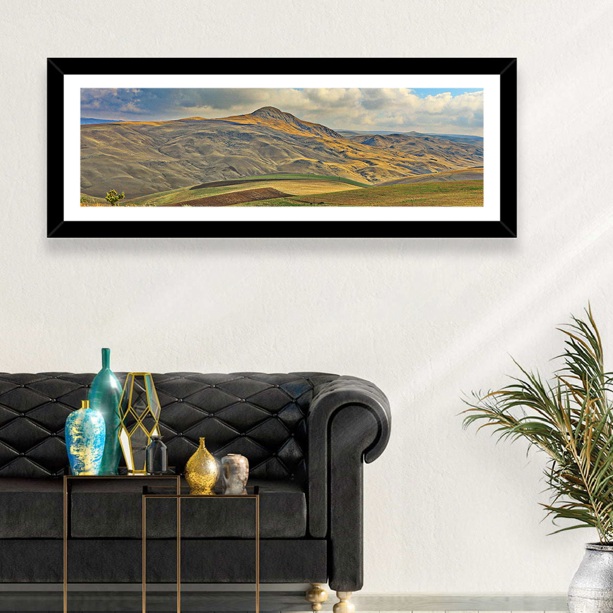 Shamakhi Valley Harvest Fields Wall Art in a room, panoramic