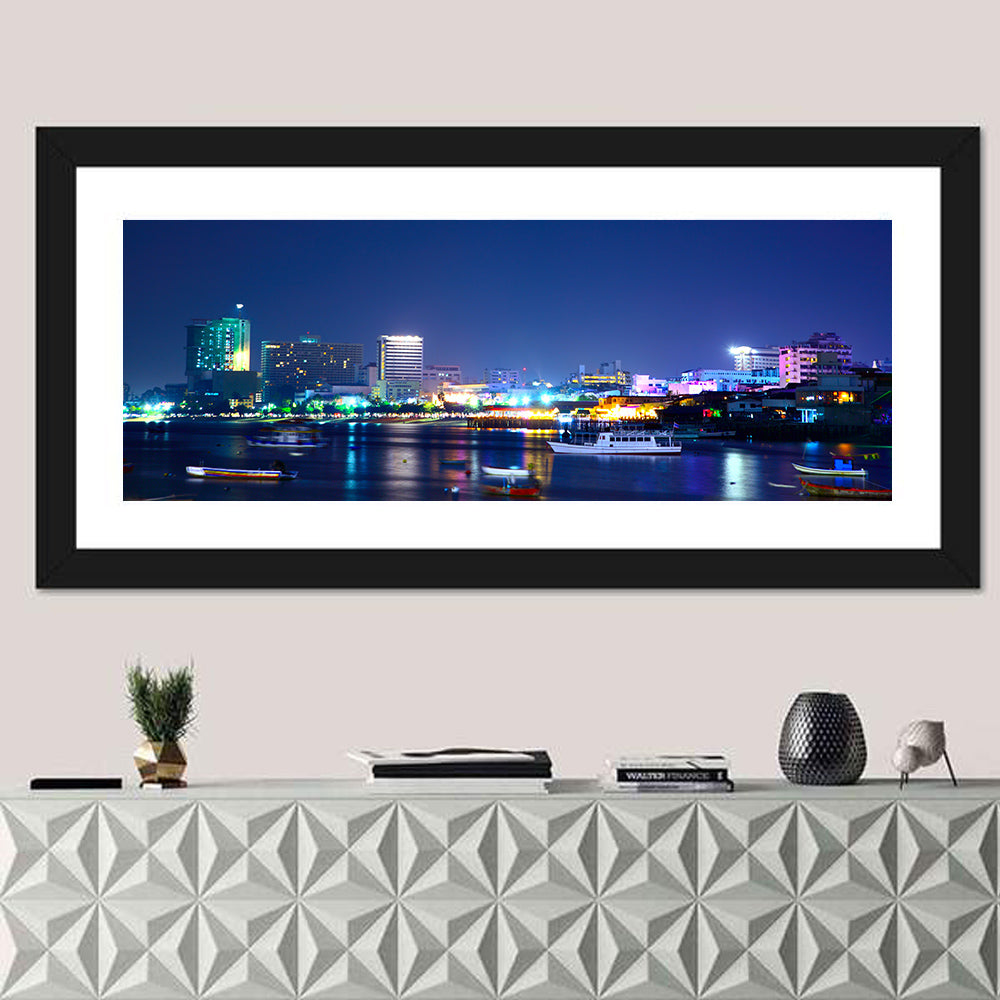 Pattaya Bay Night Skyline Wall Art in a room, panoramic