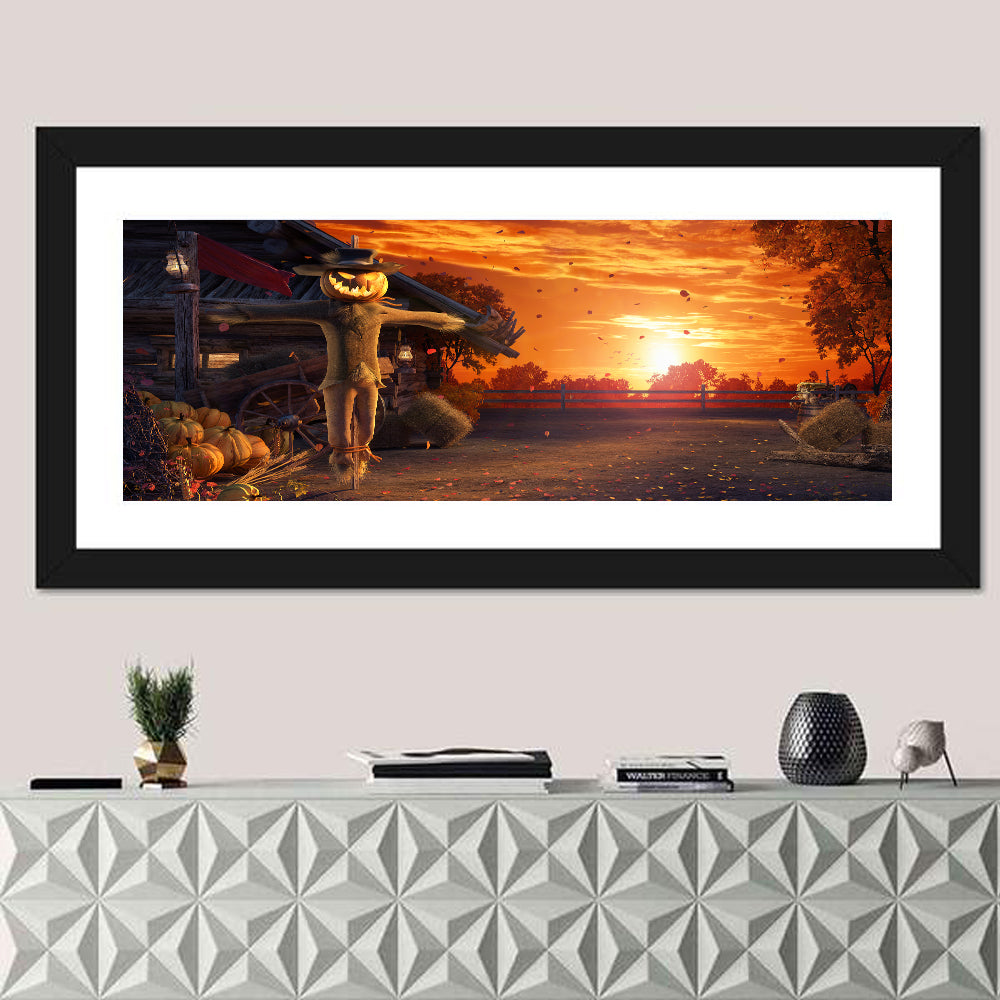 Glowing Pumpkin Scarecrow at Dusk Wall Art
