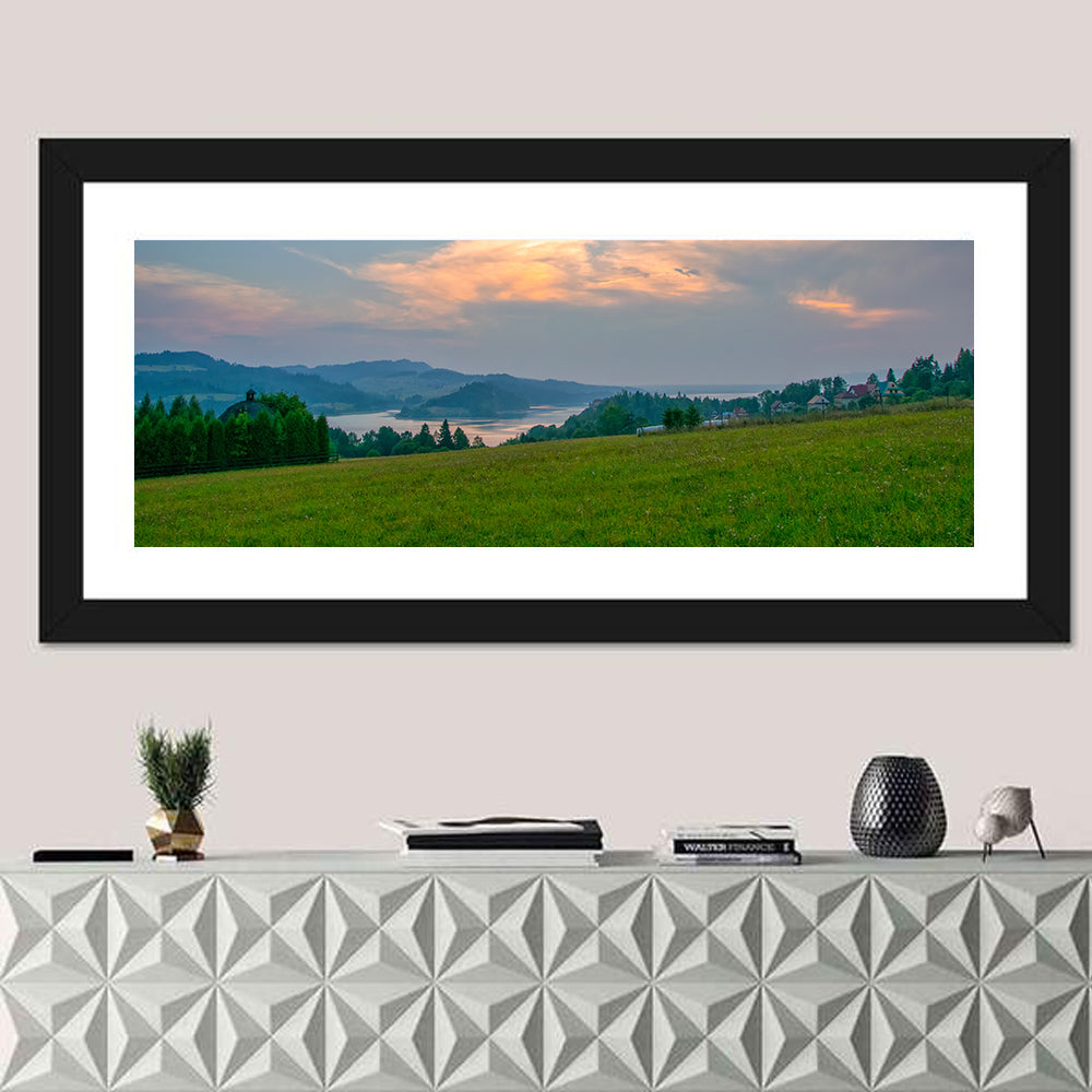 Czorsztynskie Lake Meadow at Dusk Wall Art in a room, panoramic