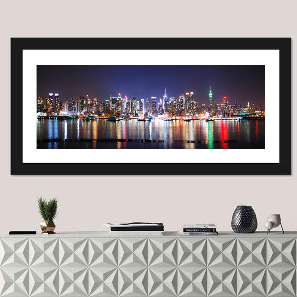 New York Skyline Mirror Reflection at Night Wall Art in a room, panoramic