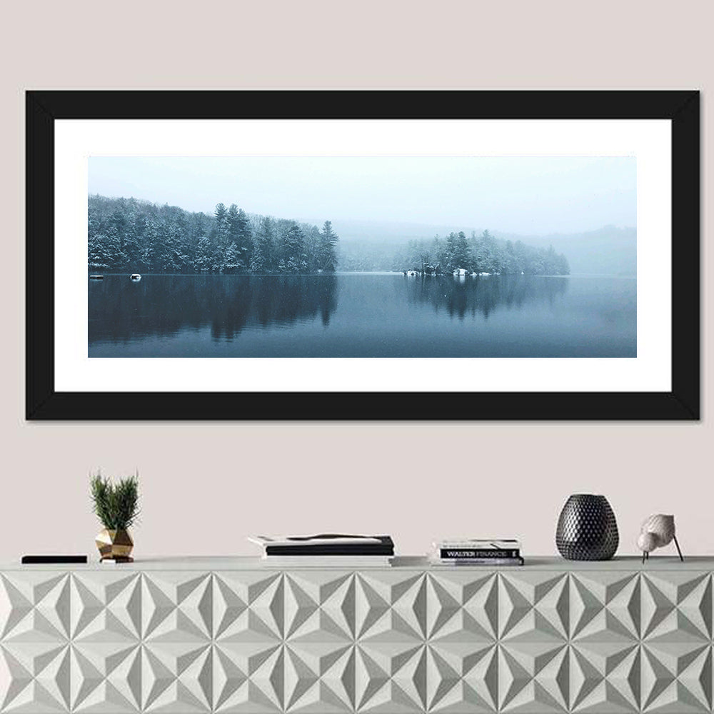 Burr Pond Winter Reflection Wall Art in a room, panoramic