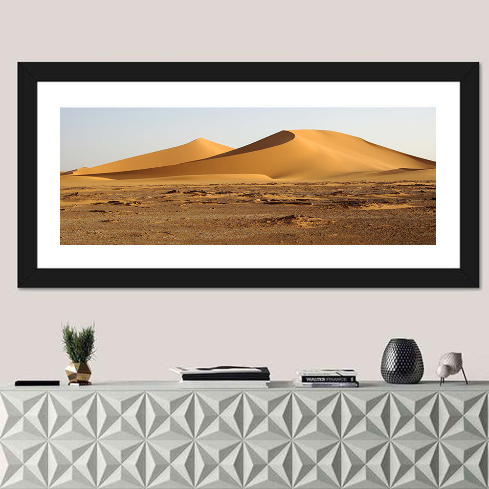 Golden Hour Desert Dunes Wall Art in a room, panoramic