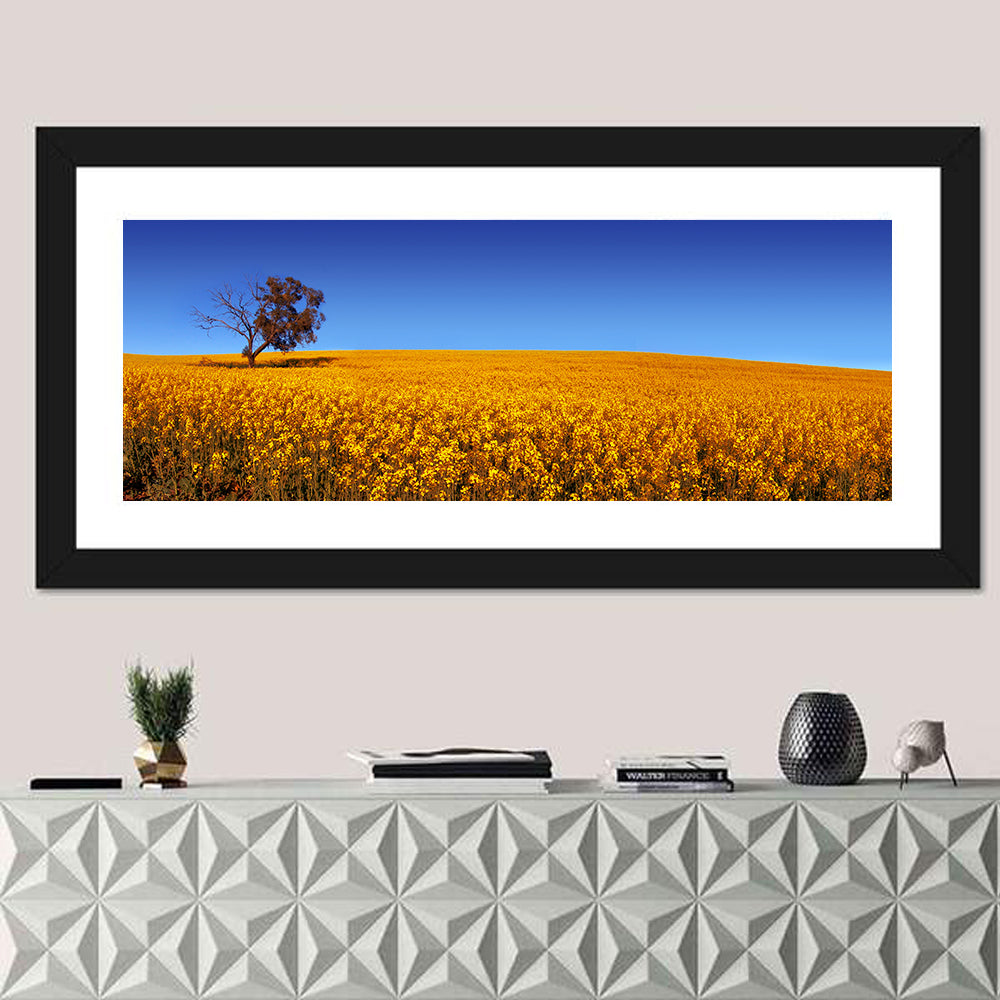 Canola Field with Lone Tree Wall Art in a room, panoramic