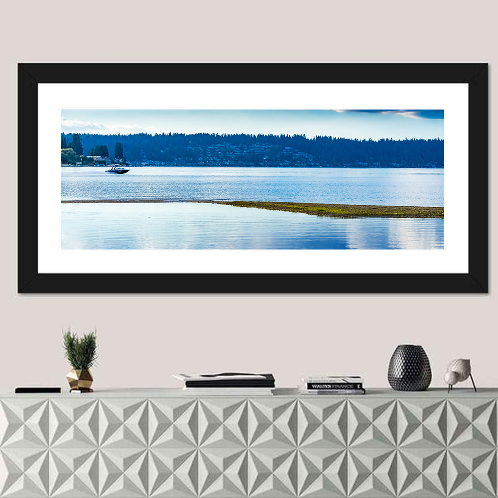 Lake Sammamish Reflection Wall Art in a room, panoramic