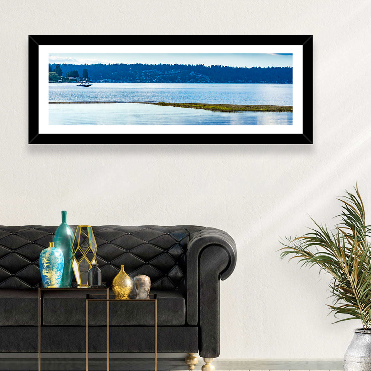 Lake Sammamish Reflection Wall Art in a room, panoramic