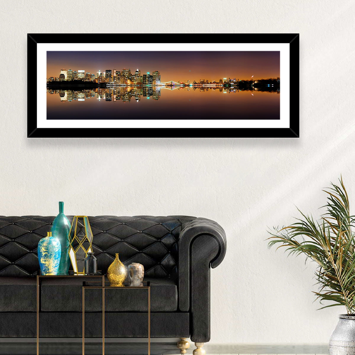 Manhattan Twilight Reflection Wall Art in a room, panoramic