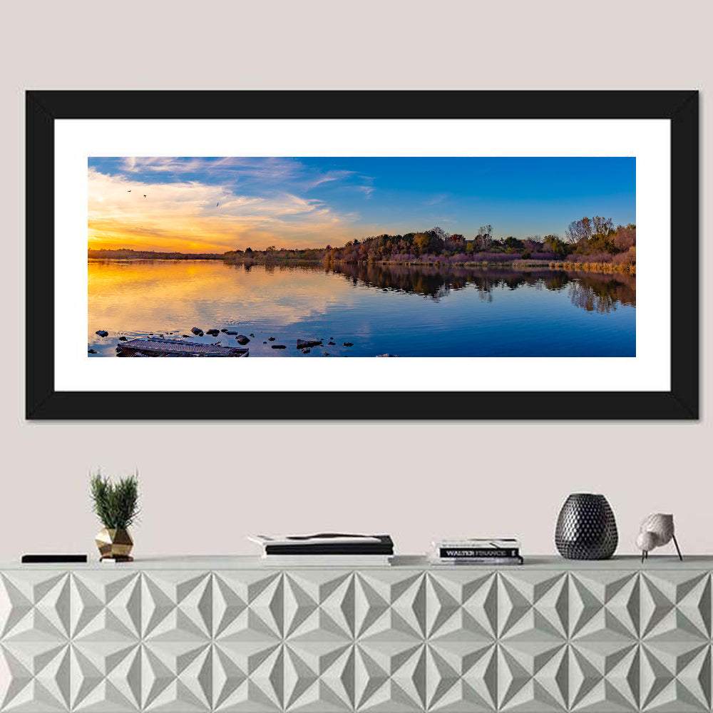 Zorinsky Lake Golden Hour Wall Art in a room, panoramic
