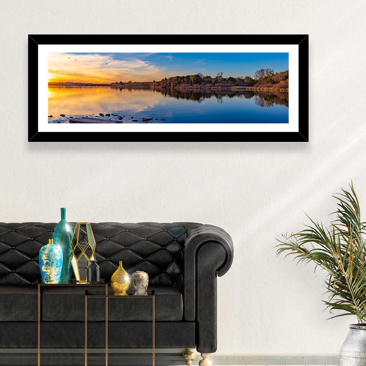 Zorinsky Lake Golden Hour Wall Art in a room, panoramic