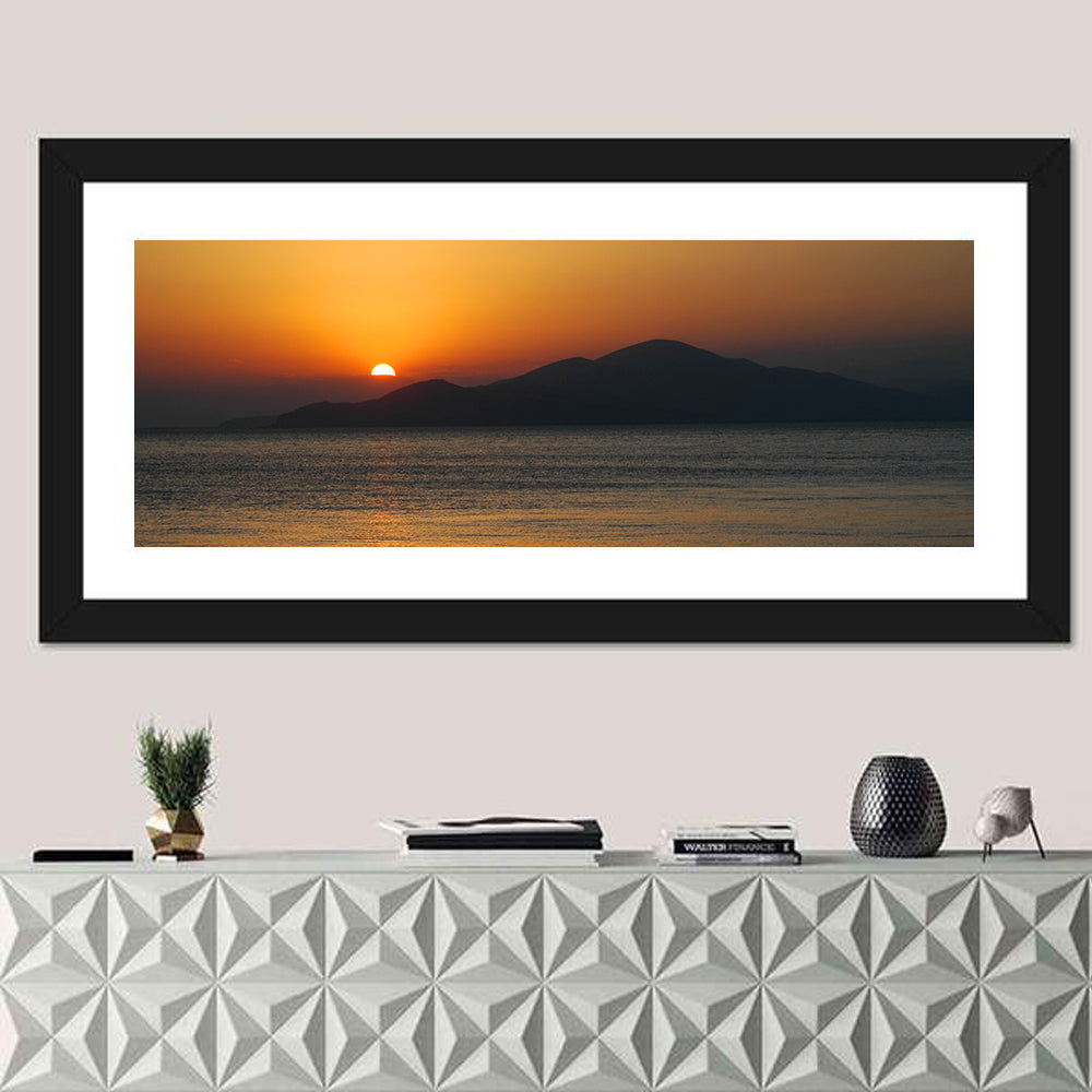 Lake Sevan Sunset Reflection Wall Art in a room, panoramic