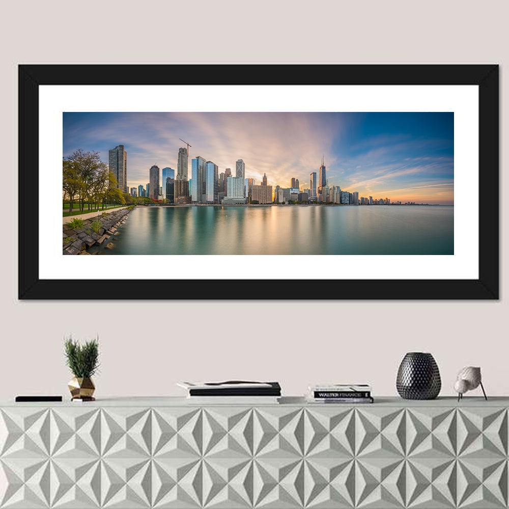 Chicago Skyline at Golden Hour Wall Art in a room, panoramic