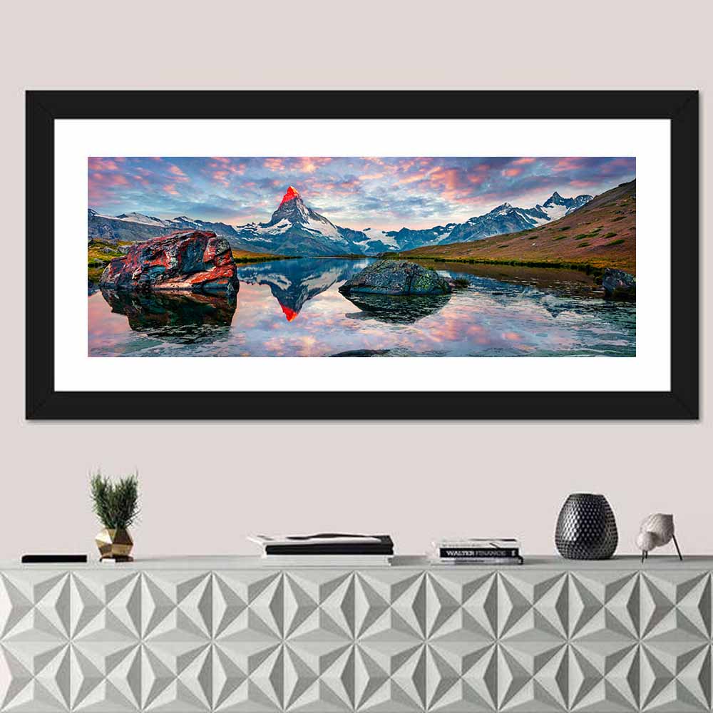 Stellisee Sunrise Reflection Wall Art in a room, panoramic