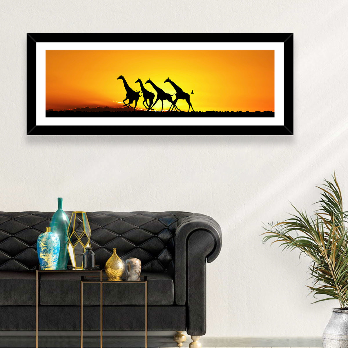 Savanna Giraffes at Sunset Wall Art in a room, panoramic