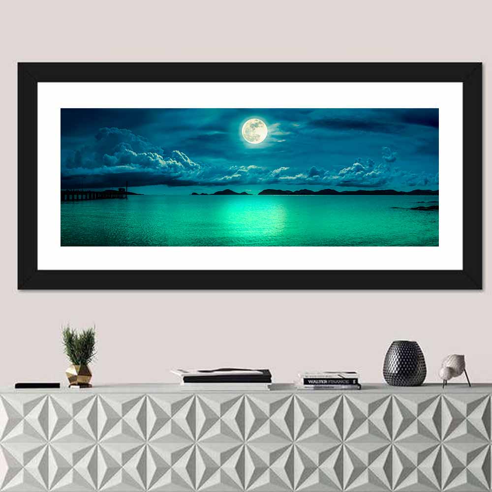 Moonlit Pier Seascape Wall Art in a room, panoramic