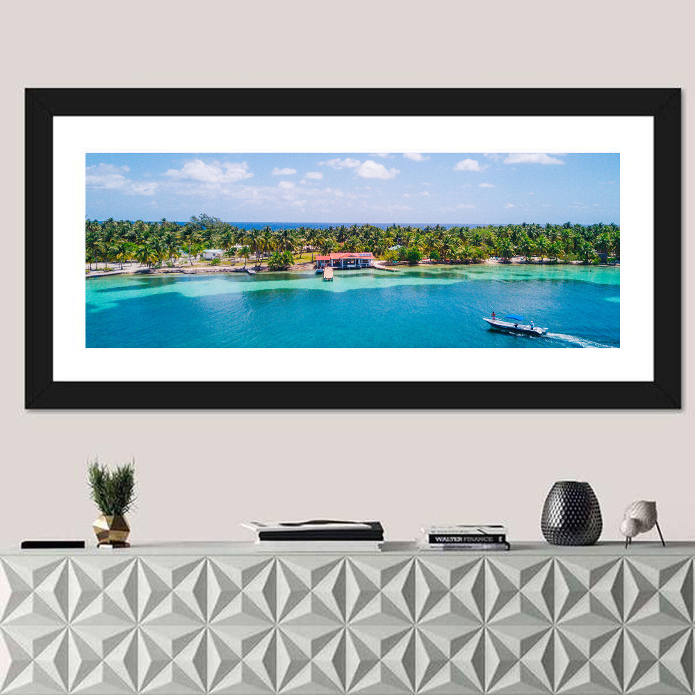 Belize Reef Island Pier Wall Art in a room, panoramic
