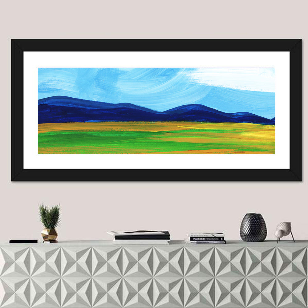 Serene Painted Mountains Wall Art in a room, panoramic